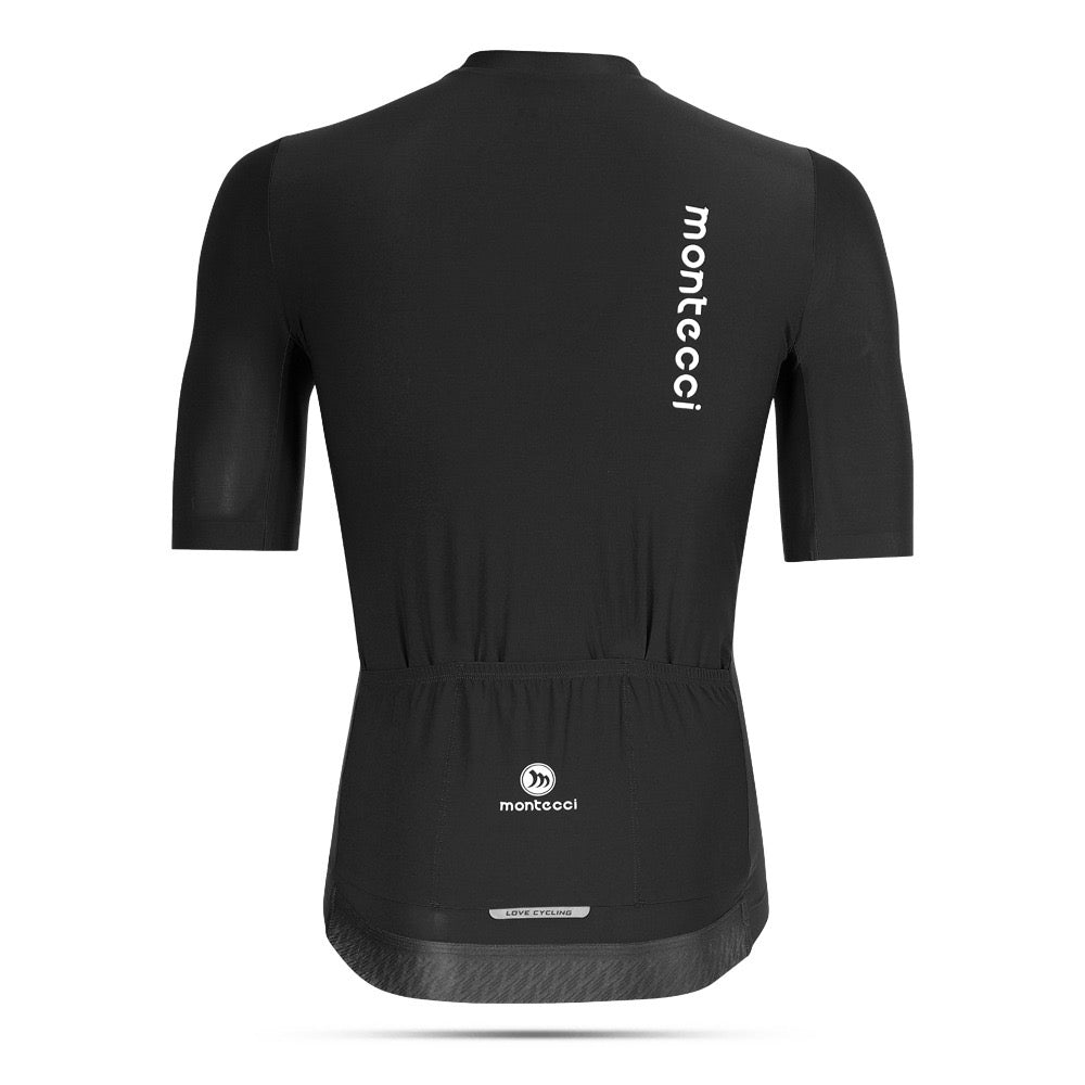 Black cycling jersey with 'montecci' branding on a white background