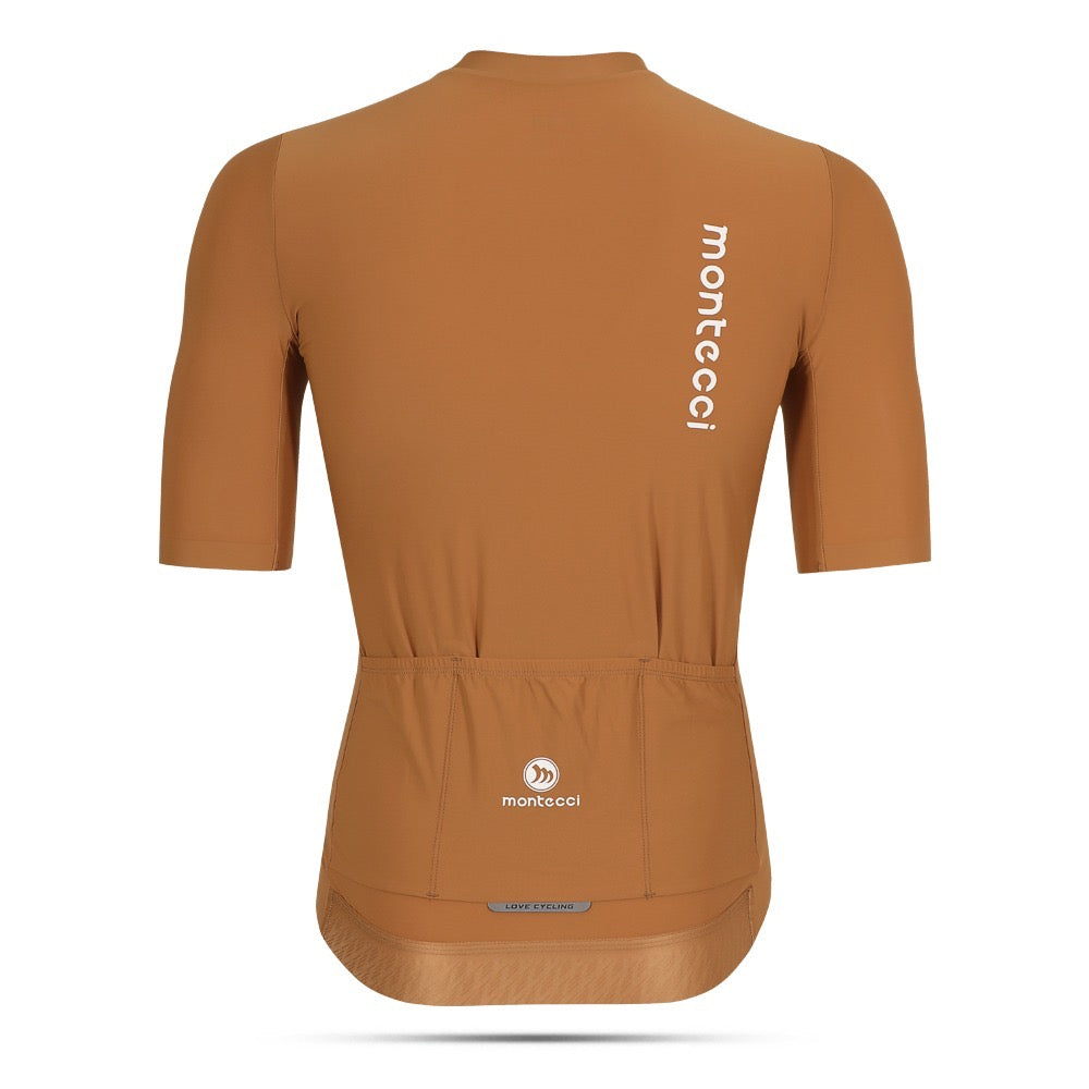 Brown cycling jersey with 'monteccci' branding on a white background
