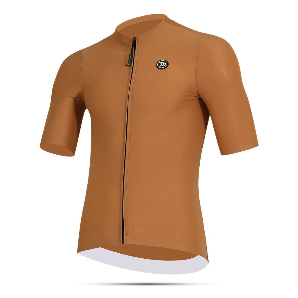 Brown cycling jersey with a brand logo on a white background