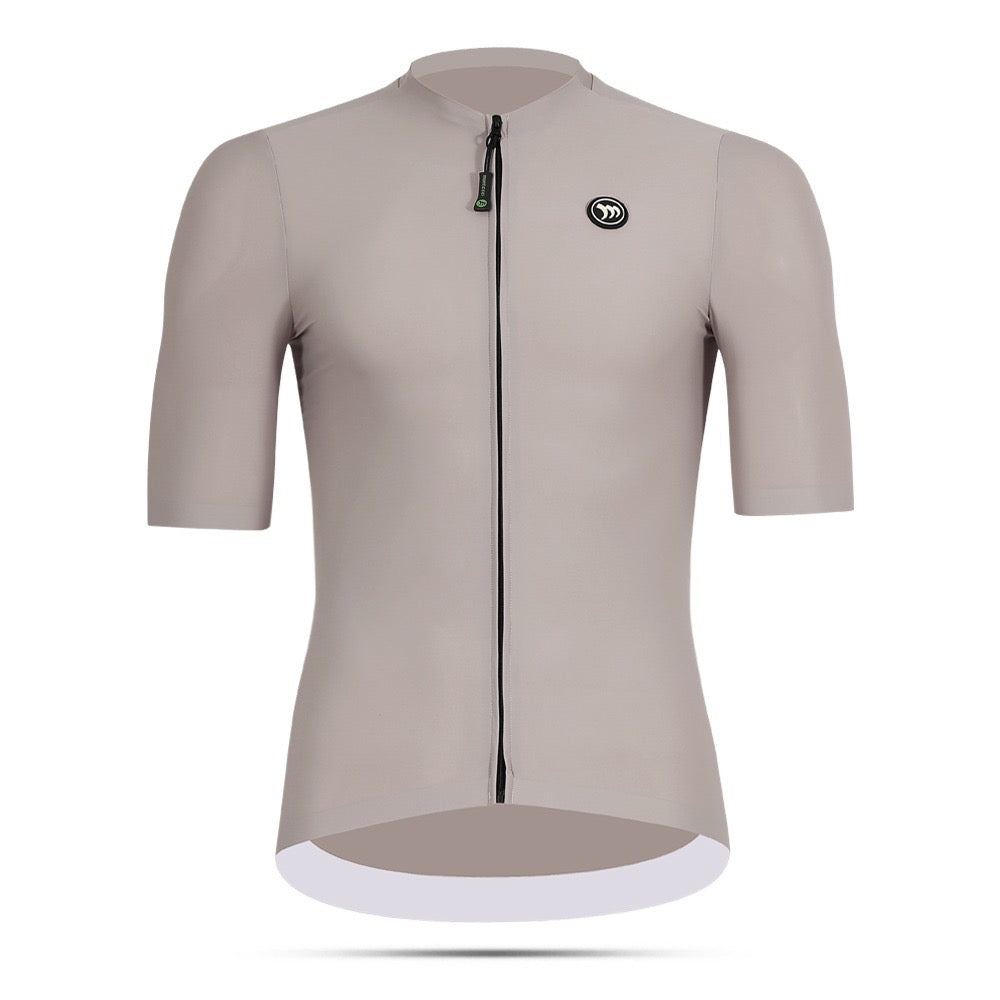 GREY cycling jersey with a black zipper on a white background