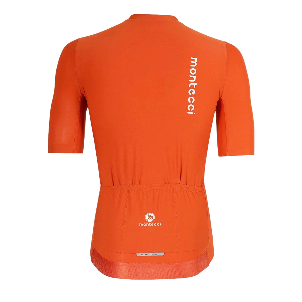 Orange cycling jersey with 'montecci' branding on a white background