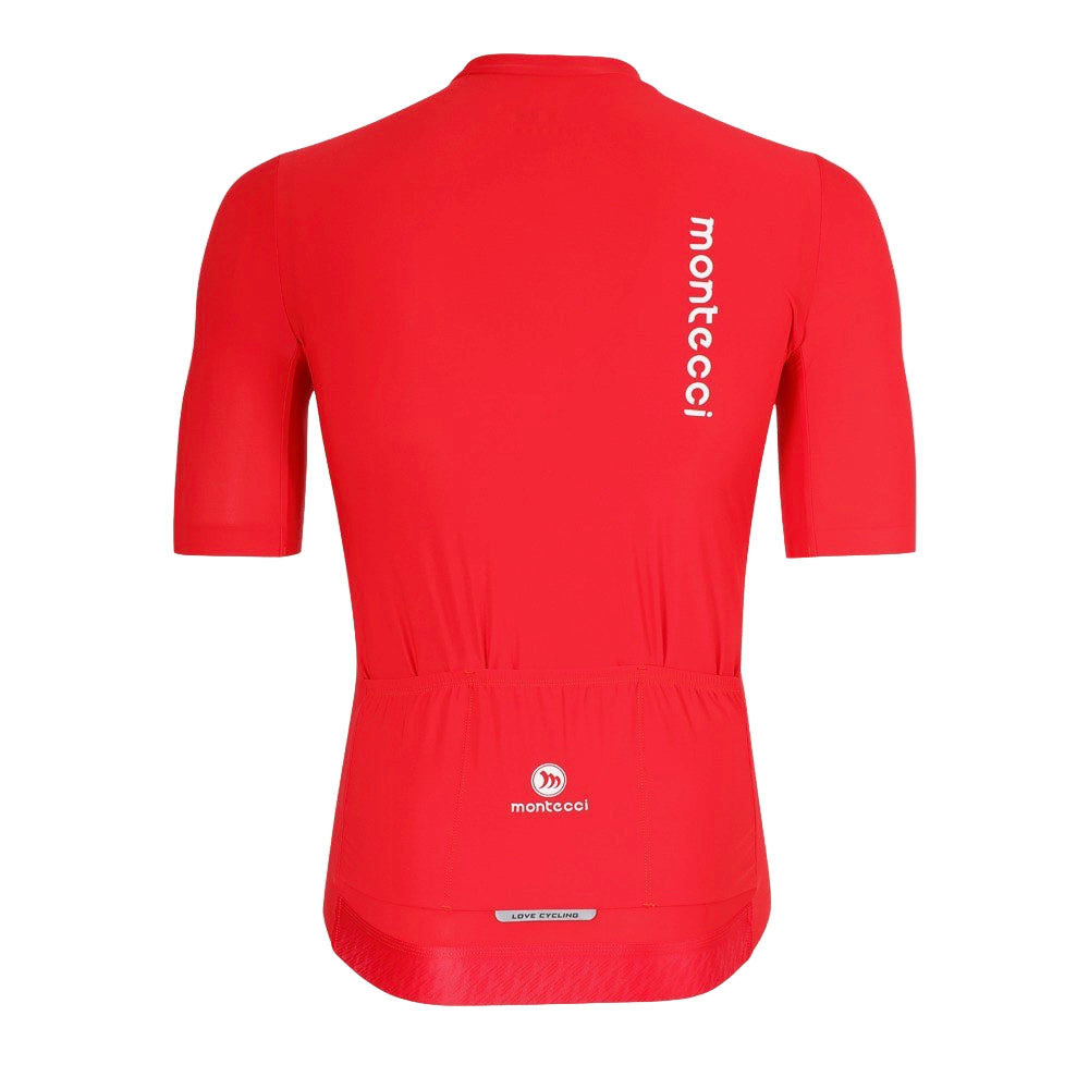 Red cycling jersey with 'montecci' branding on a white background