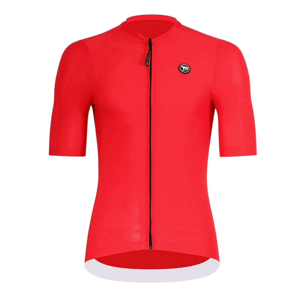 Red cycling jersey with a logo on a white background