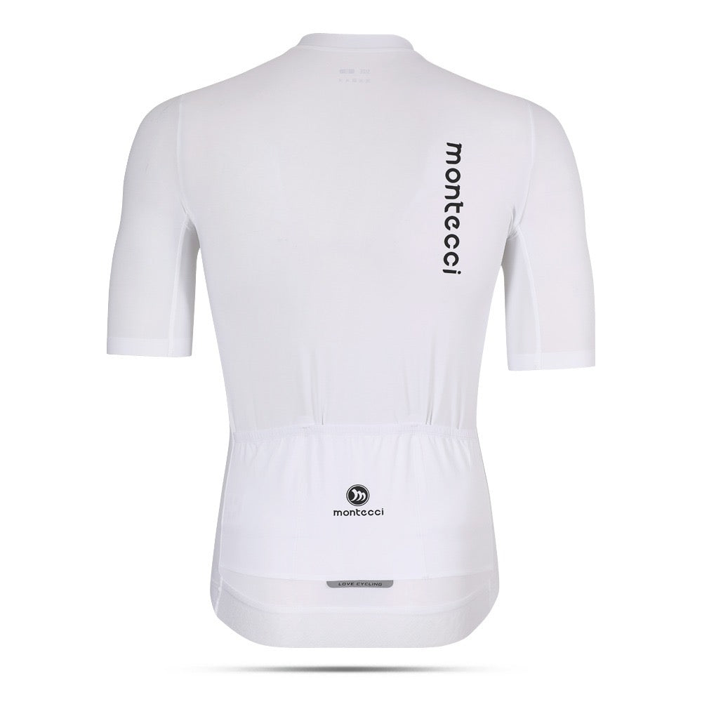 White cycling jersey with 'montecci' branding on a white background