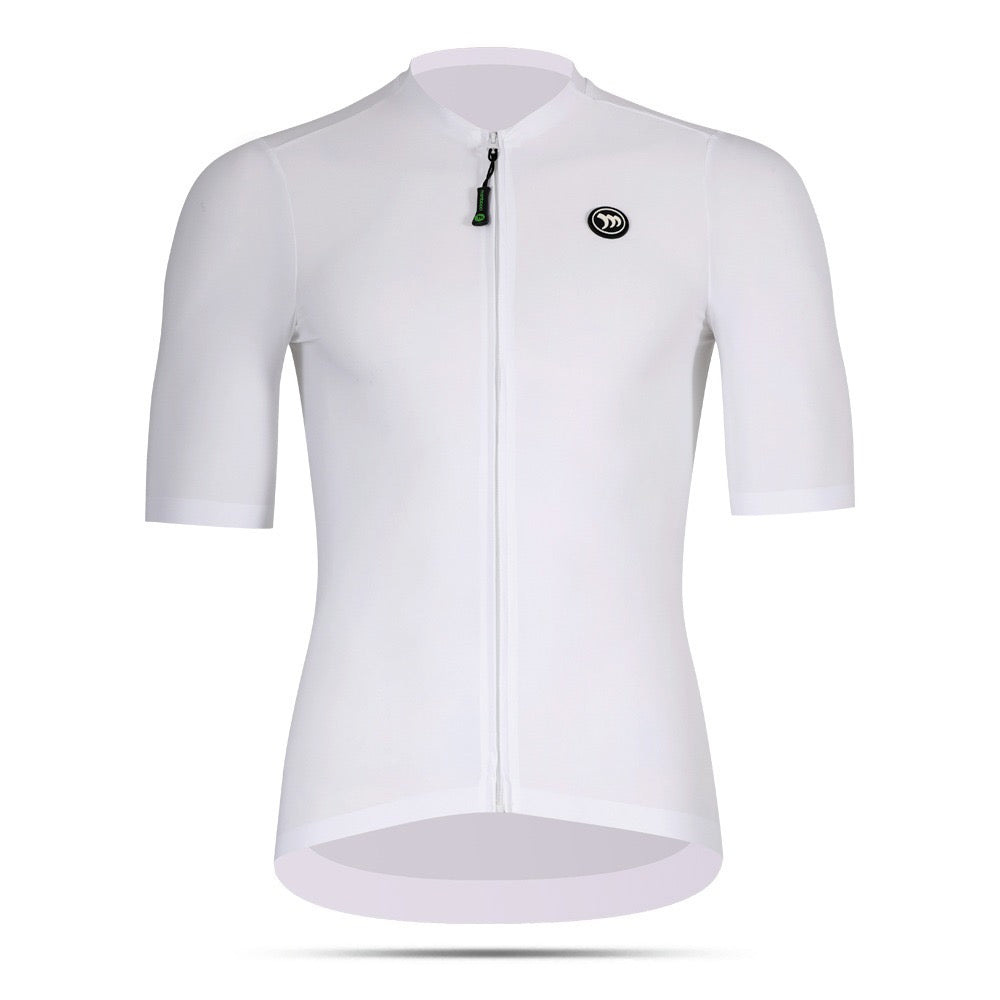 White cycling jersey with a brand logo on a white background
