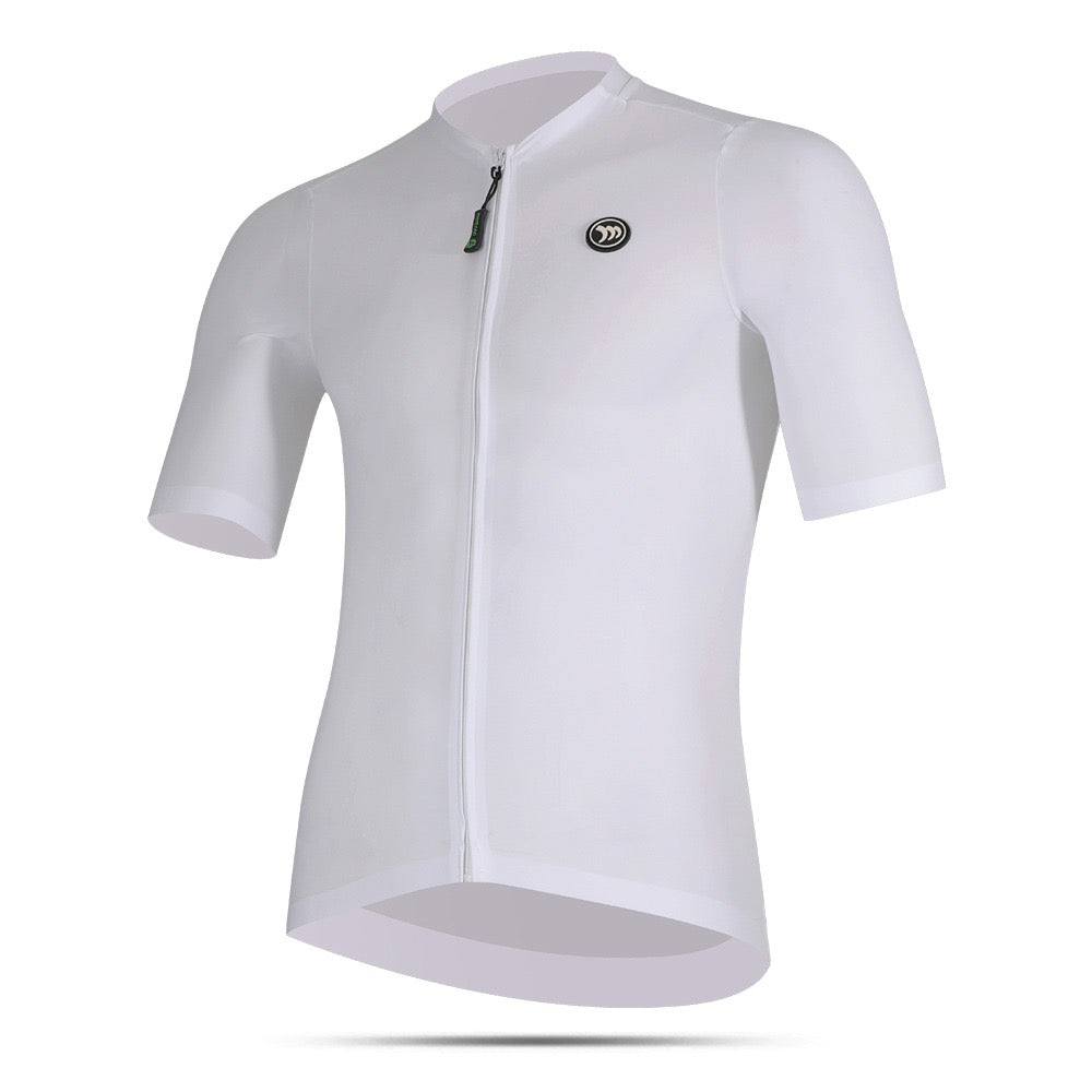 White cycling jersey with a brand logo on a white background