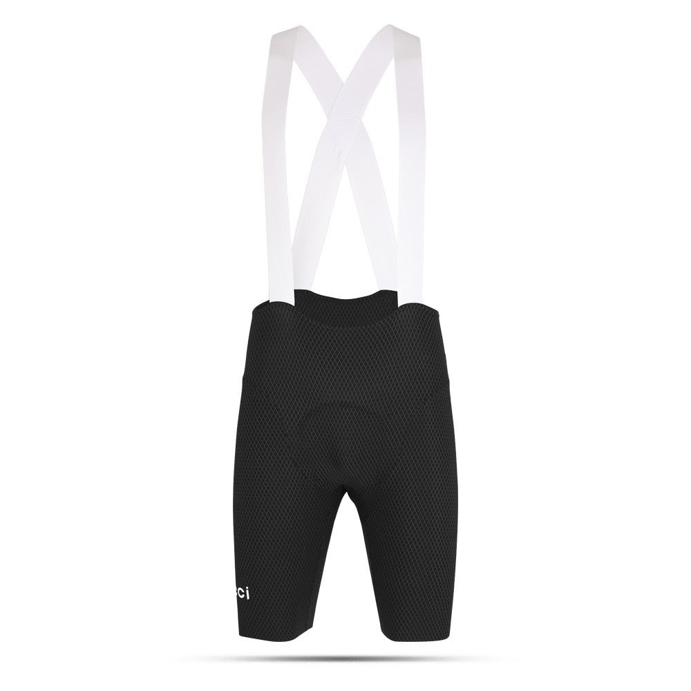 Black cycling bib shorts with white straps on a white background
