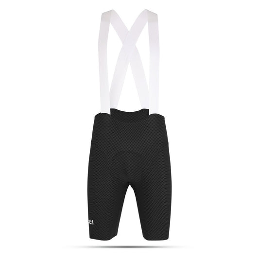 Black cycling bib shorts with white straps on a white background