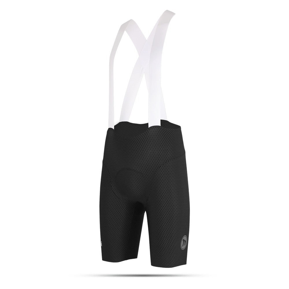 Black cycling bib shorts with white straps on a white background