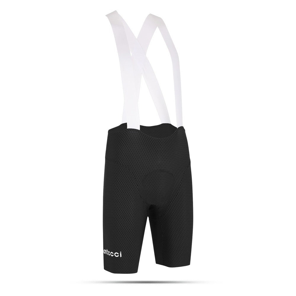 Black cycling bib shorts with white straps on a white background
