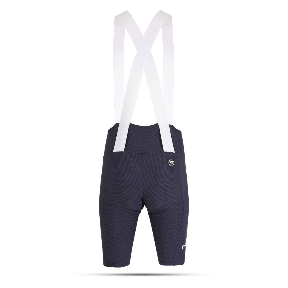 Navy cycling bib shorts with white suspenders on a white background