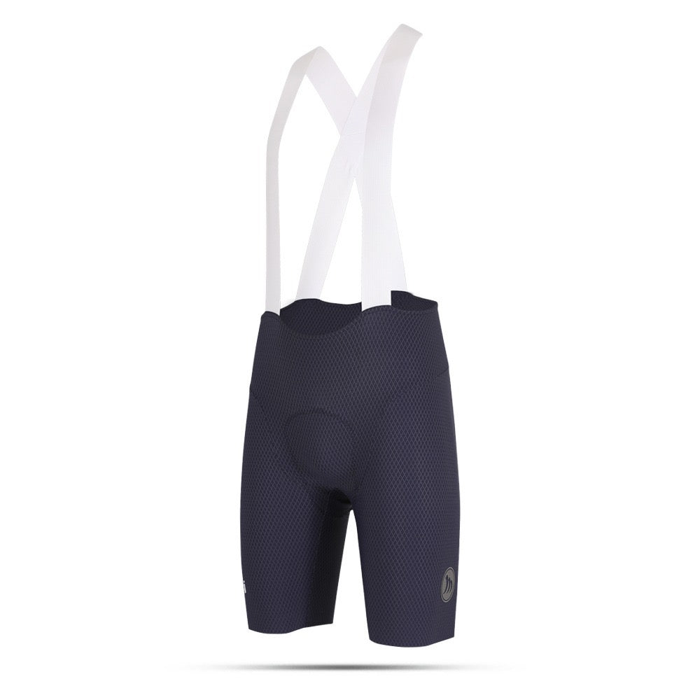 Navy cycling bib shorts with white straps on a white background