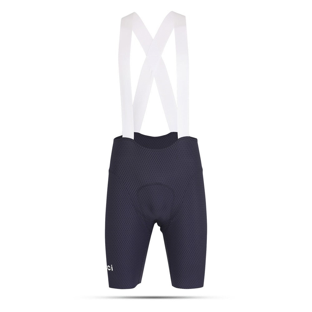 Navy cycling bib shorts with white straps on a white background