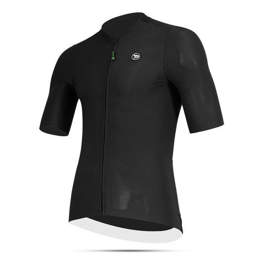 Black cycling jersey with a brand logo on a white background