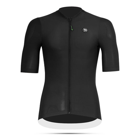 Black cycling jersey with a brand logo on a white background