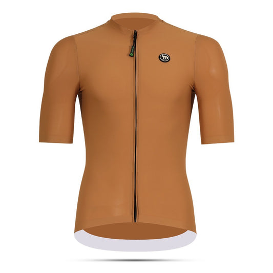 Brown cycling jersey with a brand logo on a white background