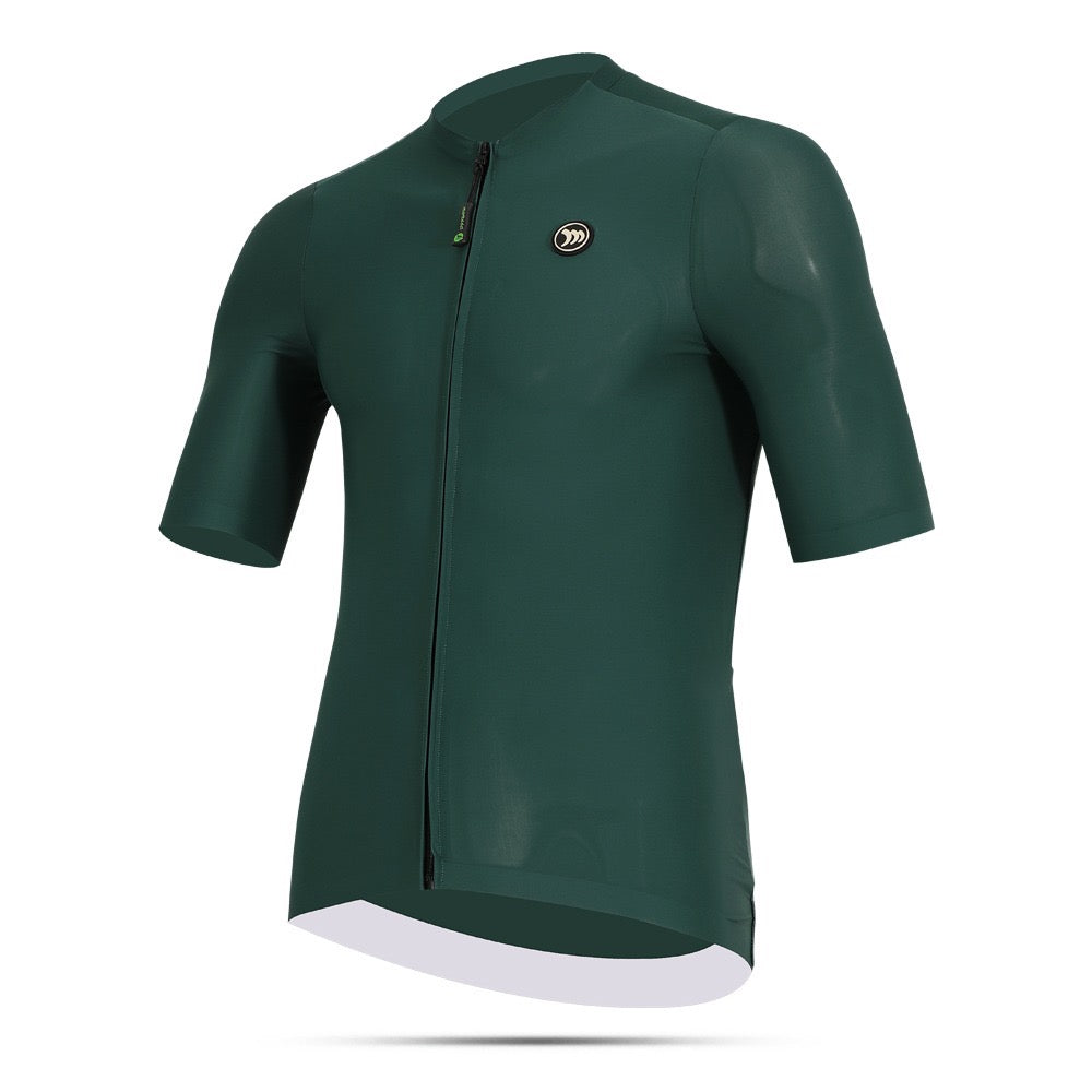 Green cycling jersey with a brand logo on a white background