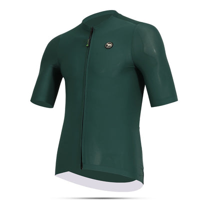 Green cycling jersey with a brand logo on a white background