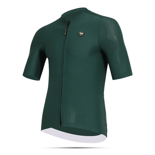 Green cycling jersey with a brand logo on a white background