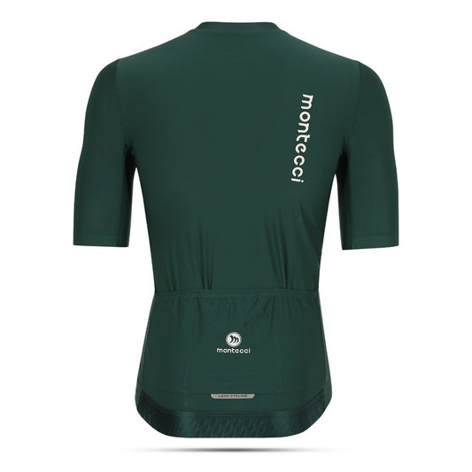 Green cycling jersey with 'montecci' branding on a white background
