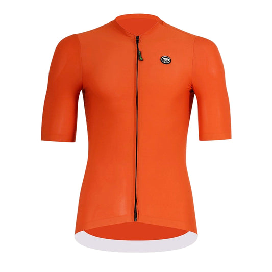 Orange cycling jersey with a brand logo on a white background