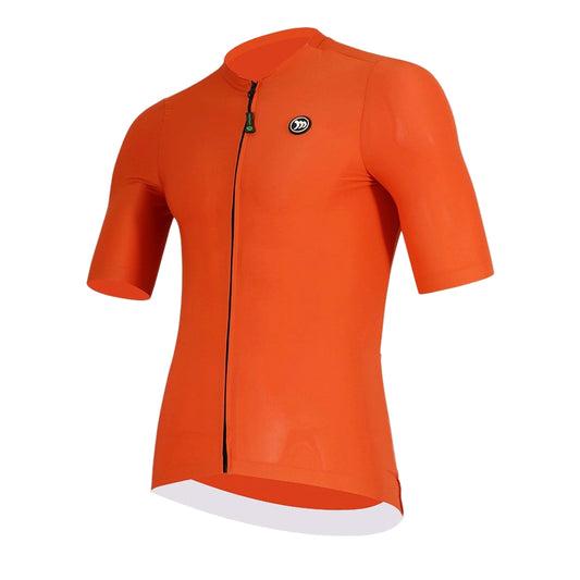 Orange cycling jersey with a black zipper on a white background