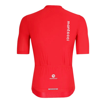 Red cycling jersey with 'montecci' branding on a white background
