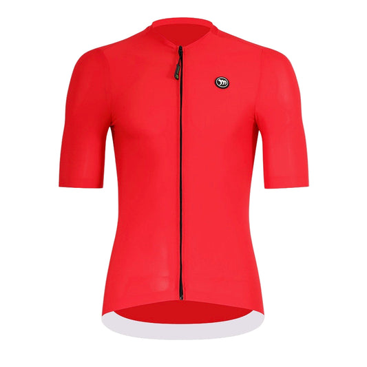 Red cycling jersey with a logo on a white background