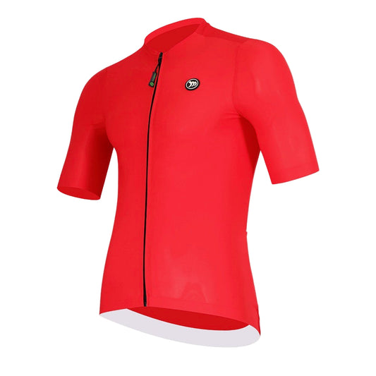 Red cycling jersey with a black zipper on a white background