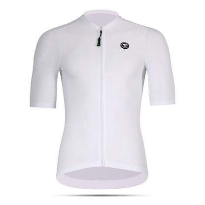 White cycling jersey with a brand logo on a white background