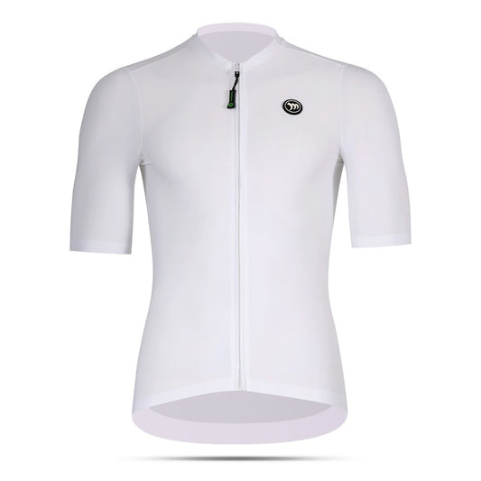 White cycling jersey with a brand logo on a white background