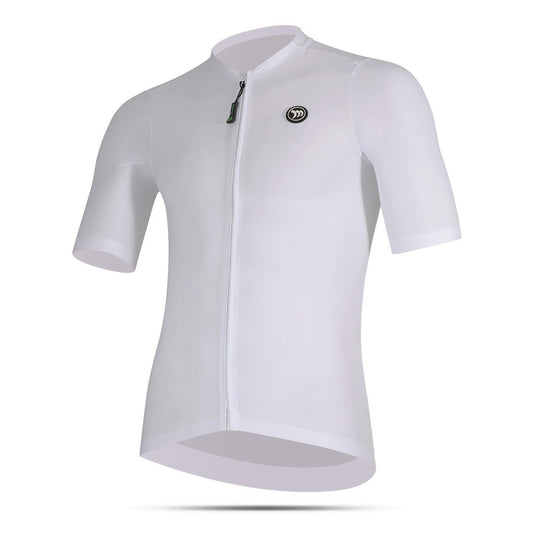 White cycling jersey with a brand logo on a white background