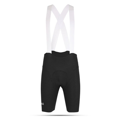 Black cycling bib shorts with white straps on a white background