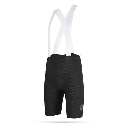 Black cycling bib shorts with white straps on a white background