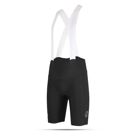 Black cycling bib shorts with white straps on a white background