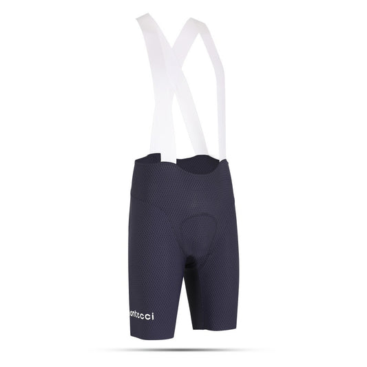 Blue cycling bib shorts with white straps on a white background
