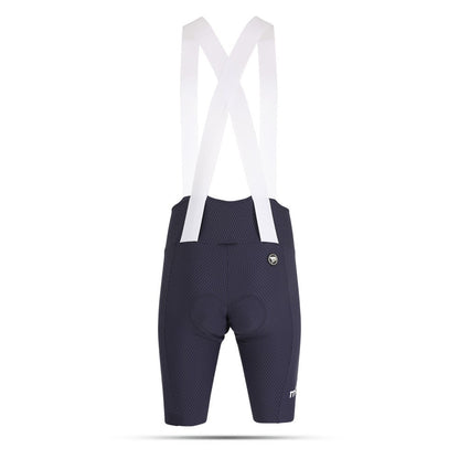 Navy cycling bib shorts with white suspenders on a white background