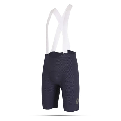 Navy cycling bib shorts with white straps on a white background