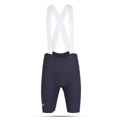 Navy cycling bib shorts with white straps on a white background