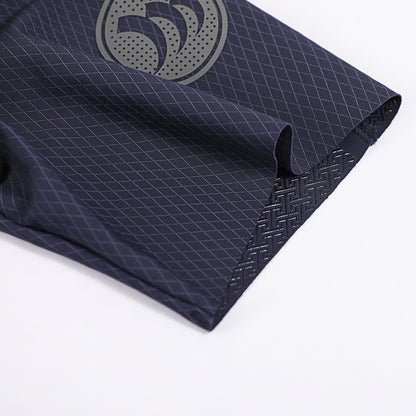 Navy blue fabric with a textured pattern and logo on a white background